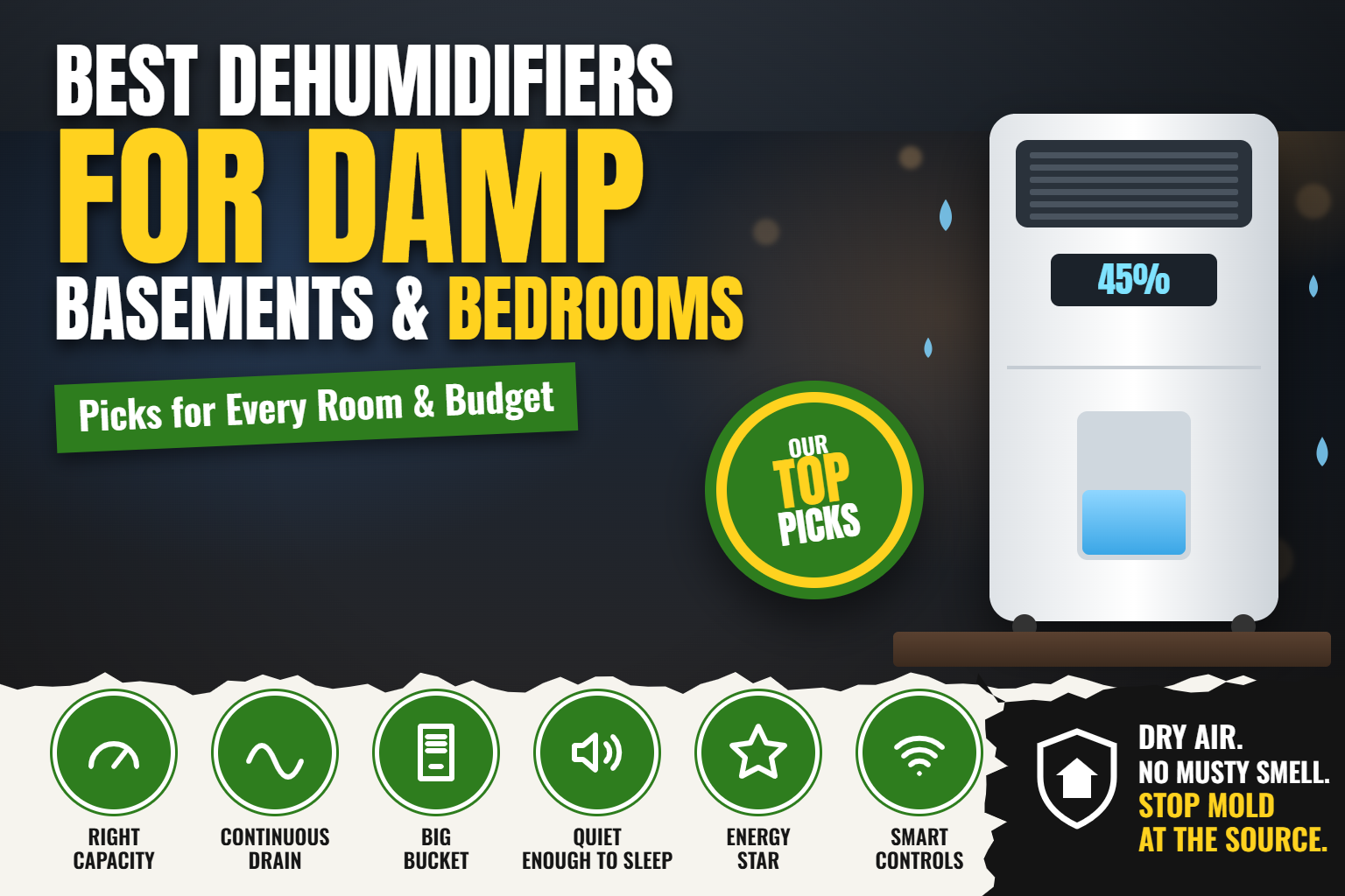 Best dehumidifiers for basements and bedrooms, top picks graphic