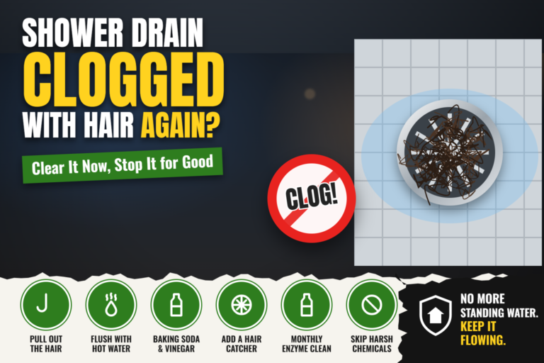 Shower drain clogged with hair, clear it and prevent it graphic